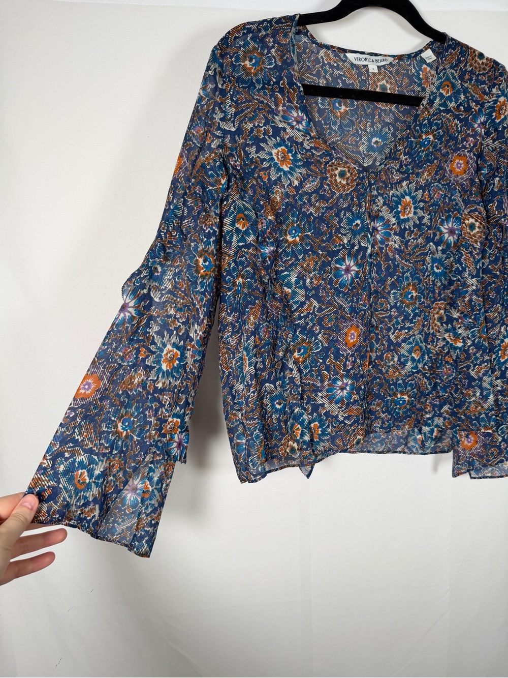 Veronica Beard Blanchett Floral Long-Sleeve Ruffled Top semi-sheer silk